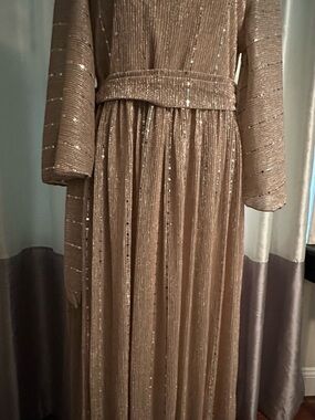 SHEIN Shimmery Taupe Pleated Midi Dress with Belt